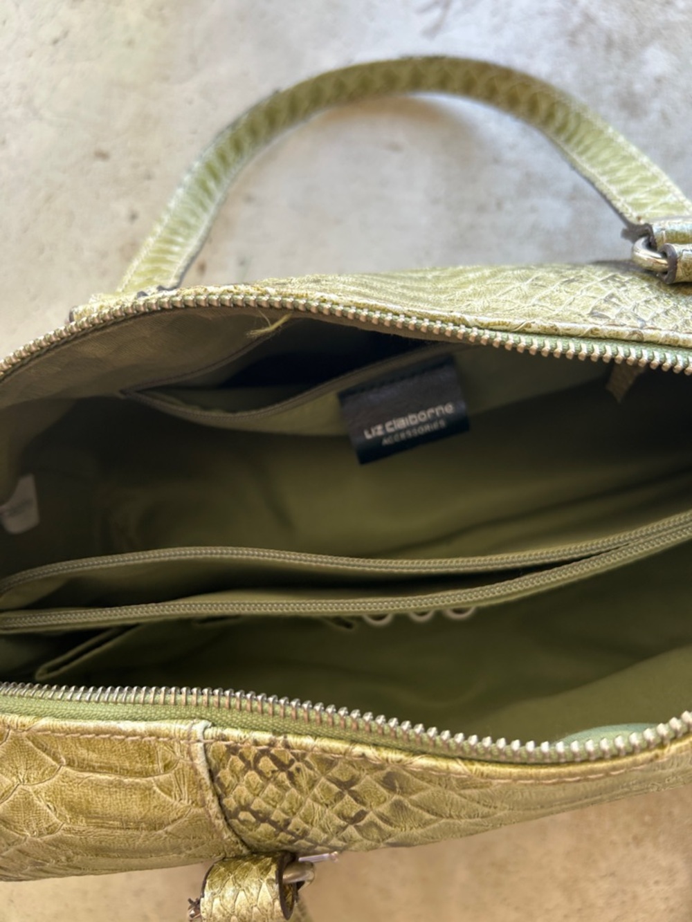 Liz Claiborne Olive Green Snake-Embossed Satchel - Picture 6 of 10